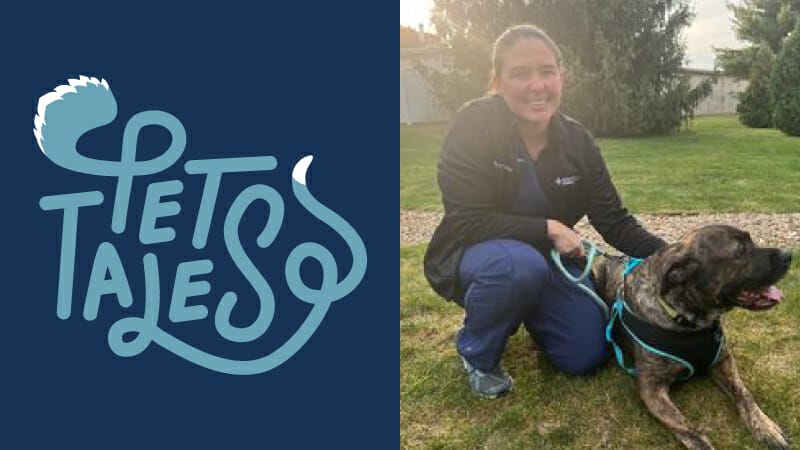 Veterinary Doctor Kimberly Huppe kneeling on the ground and petting her pet dog Higgins who is laying down and smiling