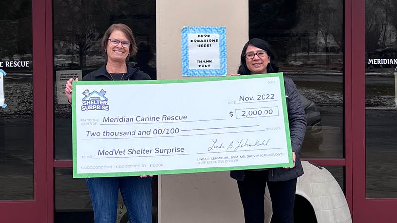 MedVet Presents Check to Meridian Canine Rescue MedVet presents the Shelter Surprise 1st place winner, Meridian Canine Rescue, with a giant check for $2,000