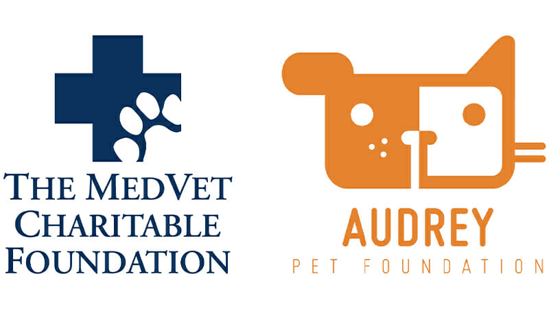 The blue MedVet Charitable Foundation logo and the orange Audrey Pet Foundation logo displayed next to each other